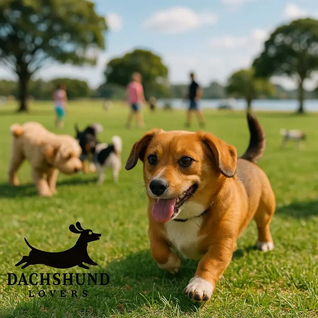 Happy Dorgi puppy socialising with other dogs in a grassy park at Dolls Point