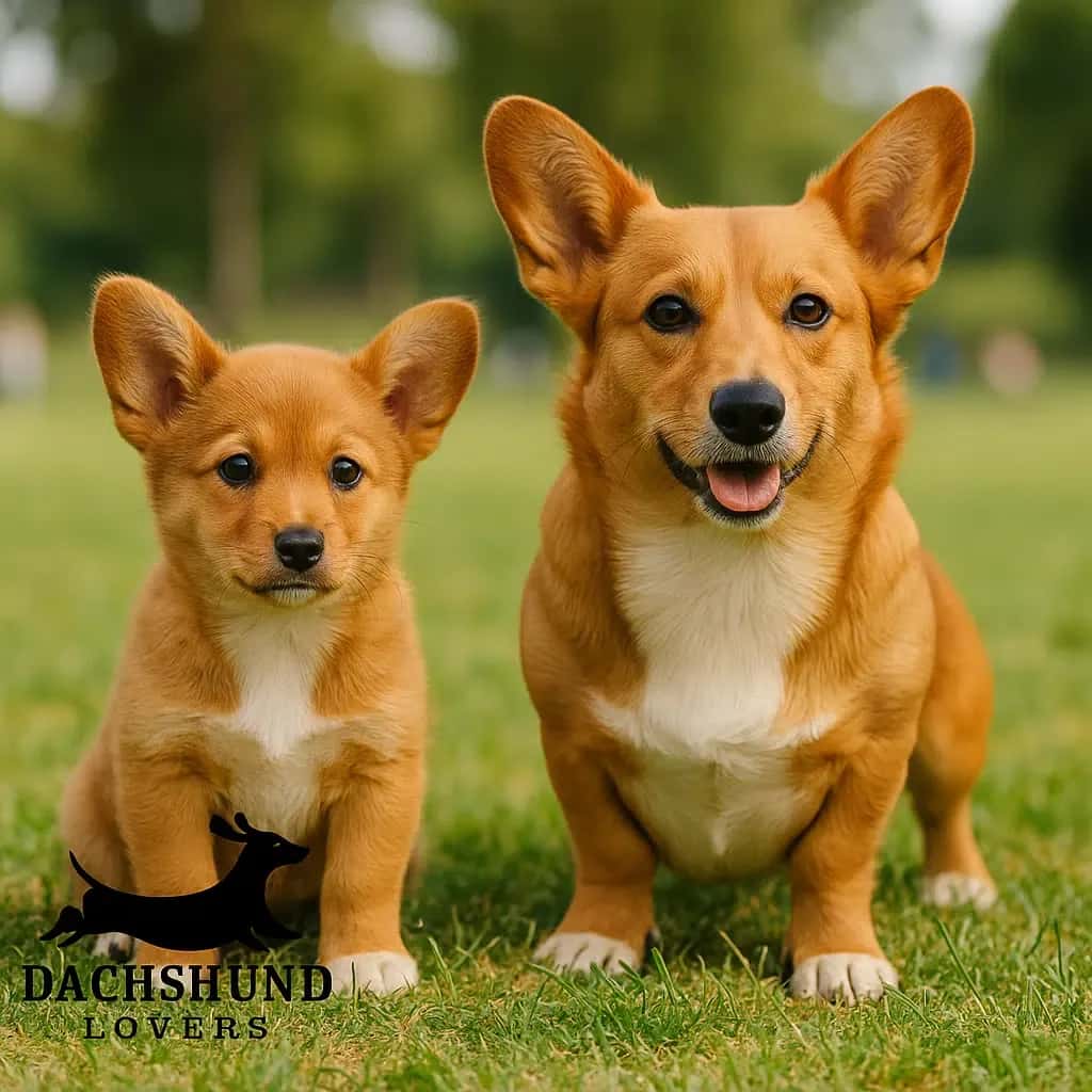 Comparison of a Dorgi puppy and a full-grown adult Dorgi in a park, showing the difference