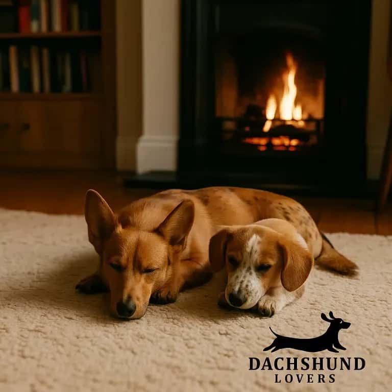 A Dorgi, a Dachshund and Corgi mix, with a reddish-brown coat sleeps on a rug