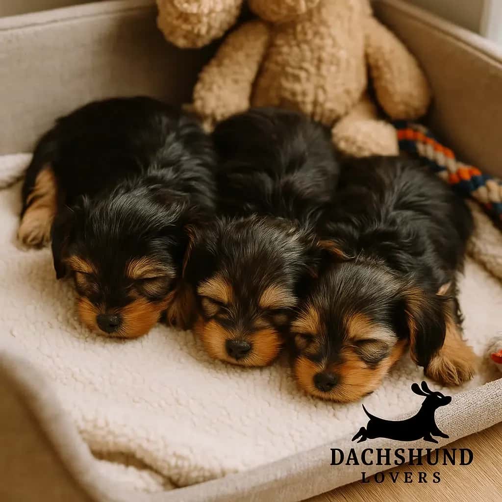 Three tiny 4–6 week old Dorkie puppies sleeping together in a breeder’s home in Goulburn