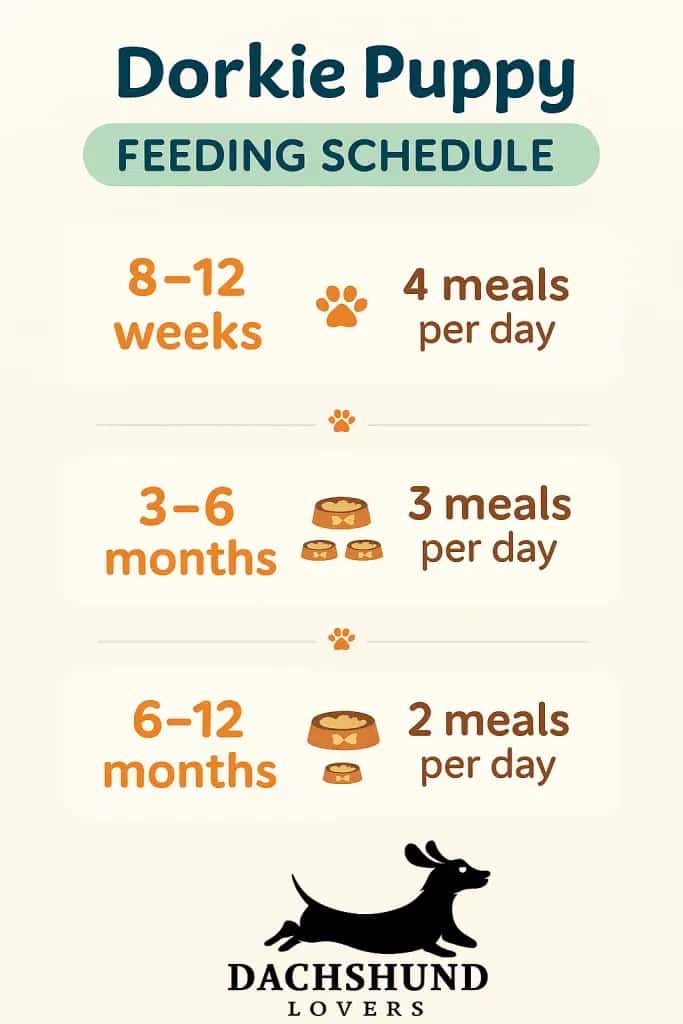 Dorkie feeding: 8-12w (4x), 3-6m (3x), 6-12m (2x) meals daily. Icons included.