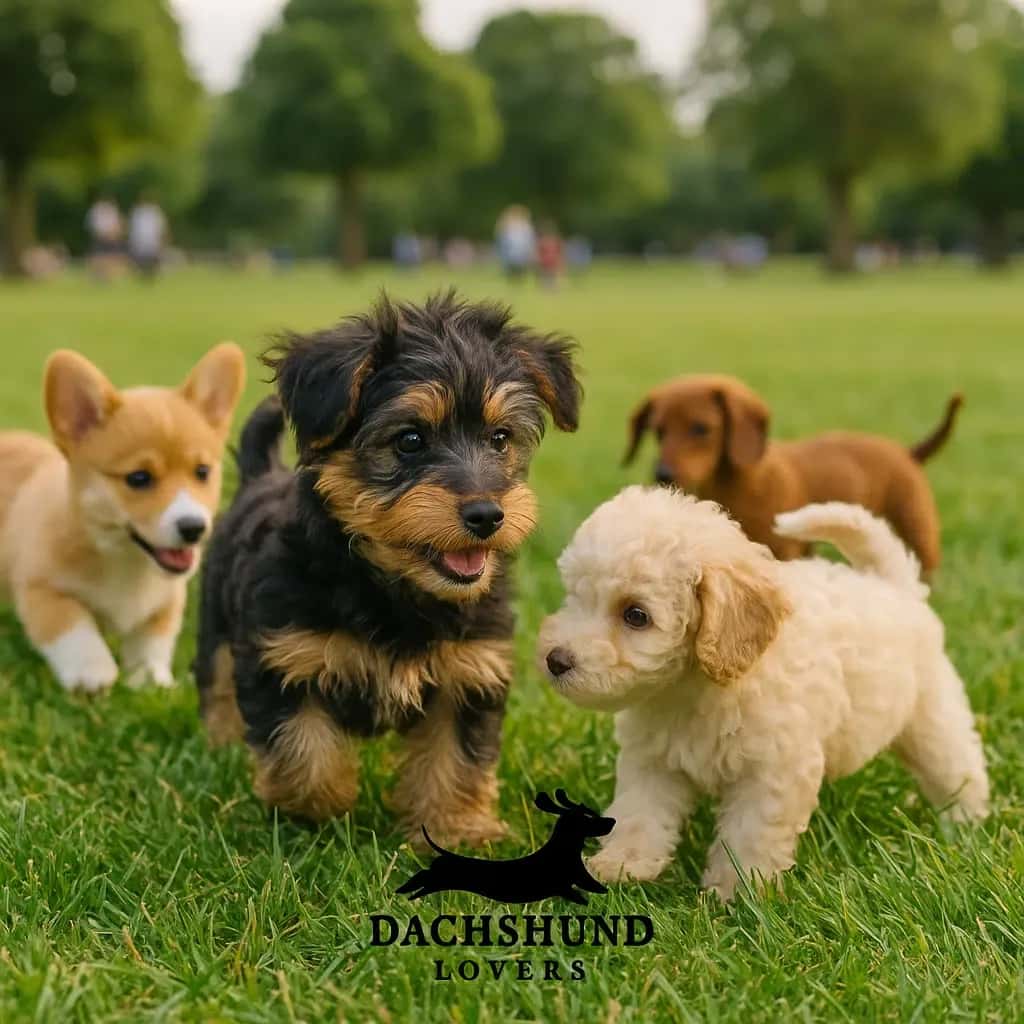 Four puppies play, on lush green grass in a park, featuring a diverse group of playful breeds.