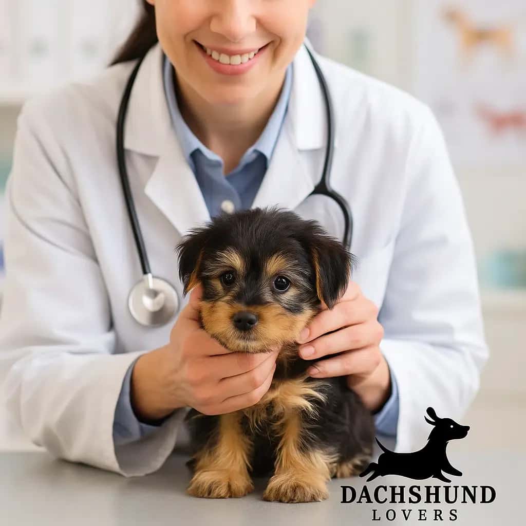 A veterinarian in a white coat and stethoscope gently holds a small, fluffy puppy on an exam table.