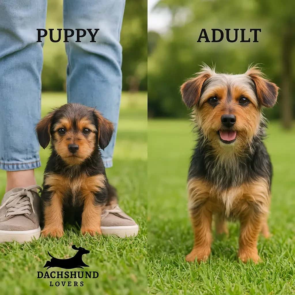 Side-by-side comparison of a Dorkie puppy and an adult Dorkie standing on grass
