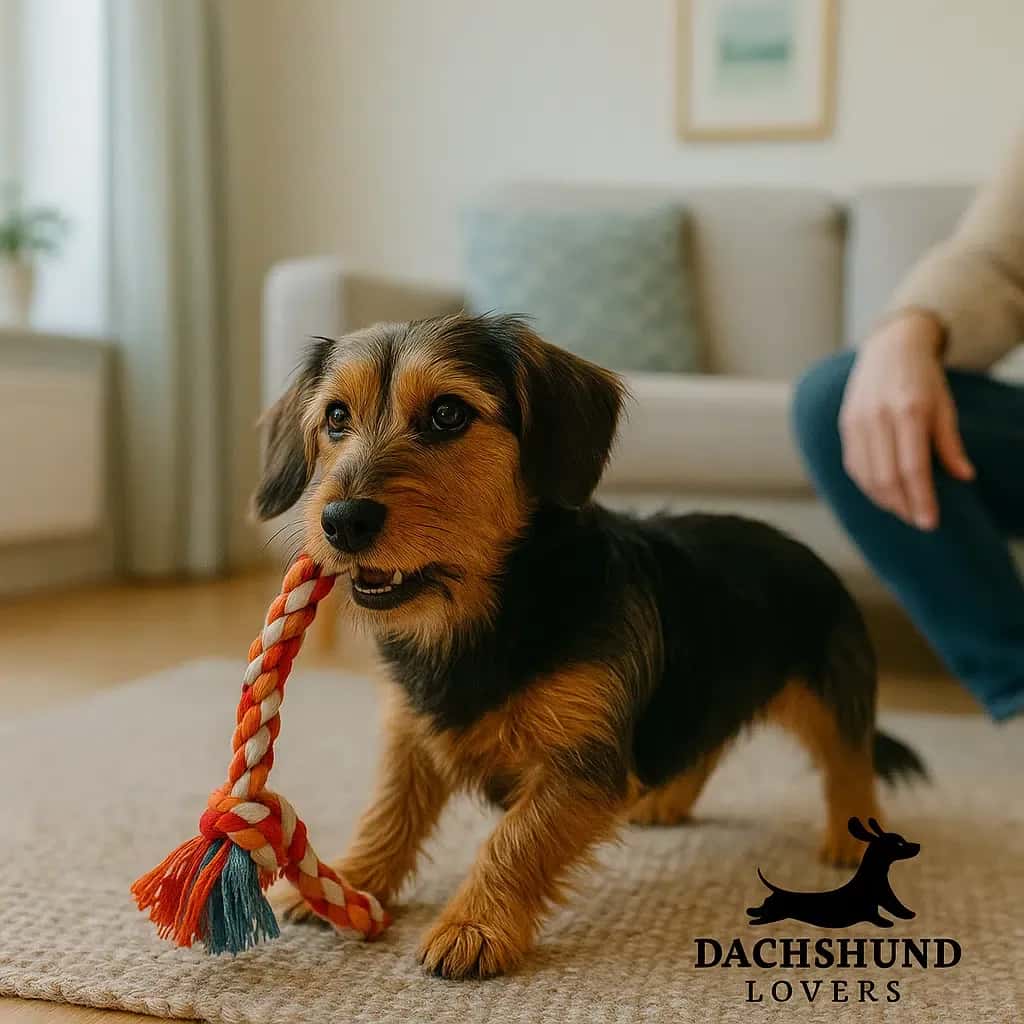 A dachshund is playfully holding a red and white rope toy in its mouth on a carpeted floor.