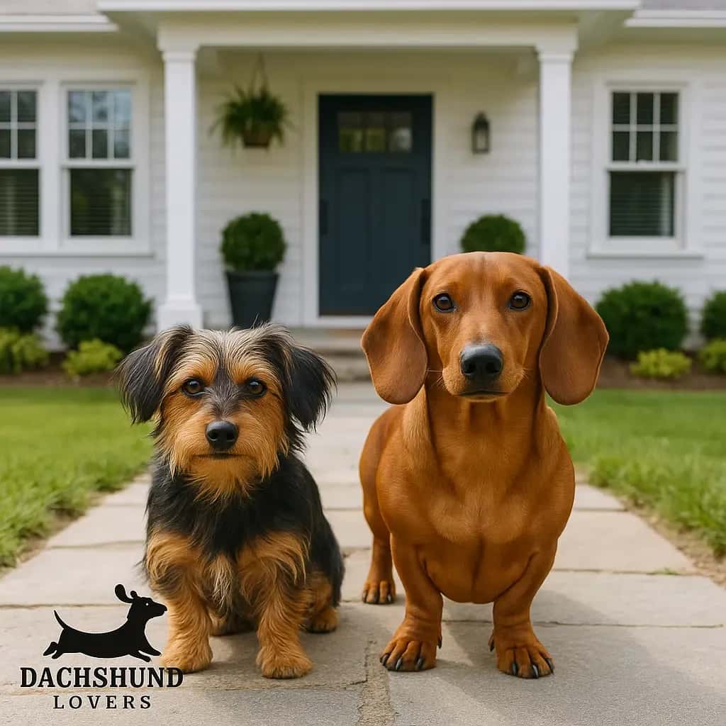 A Dorkie and a Standard Dachshund standing on a stone pathway in front of a Hamptons-style house