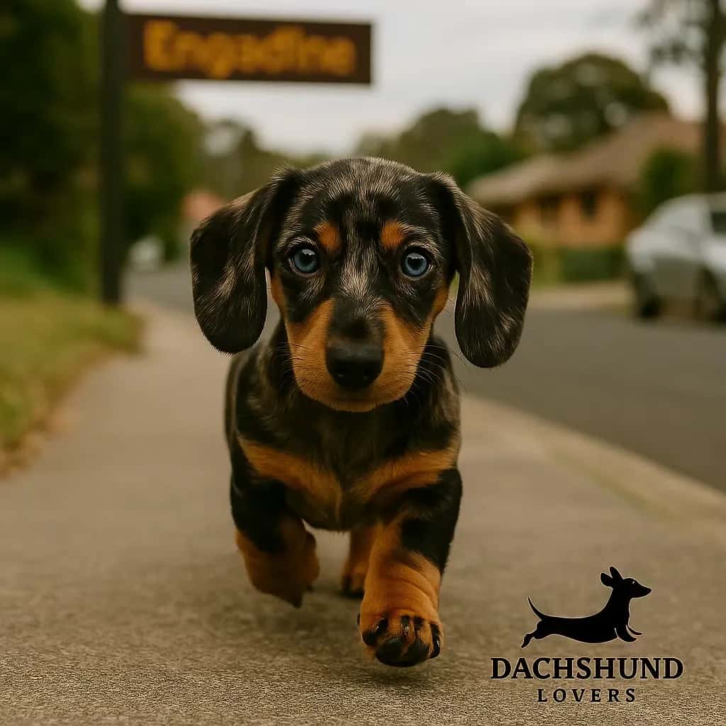 A dapple Dachshund puppy with blue eyes walks on a suburban street in Engadine
