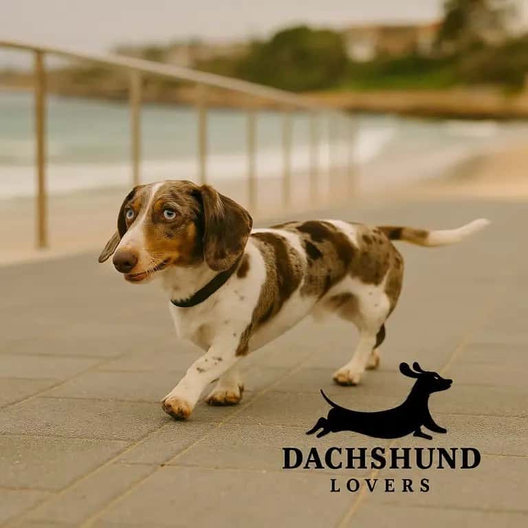 Double dapple dachshund walking along Cronulla Esplanade on a sunny day
