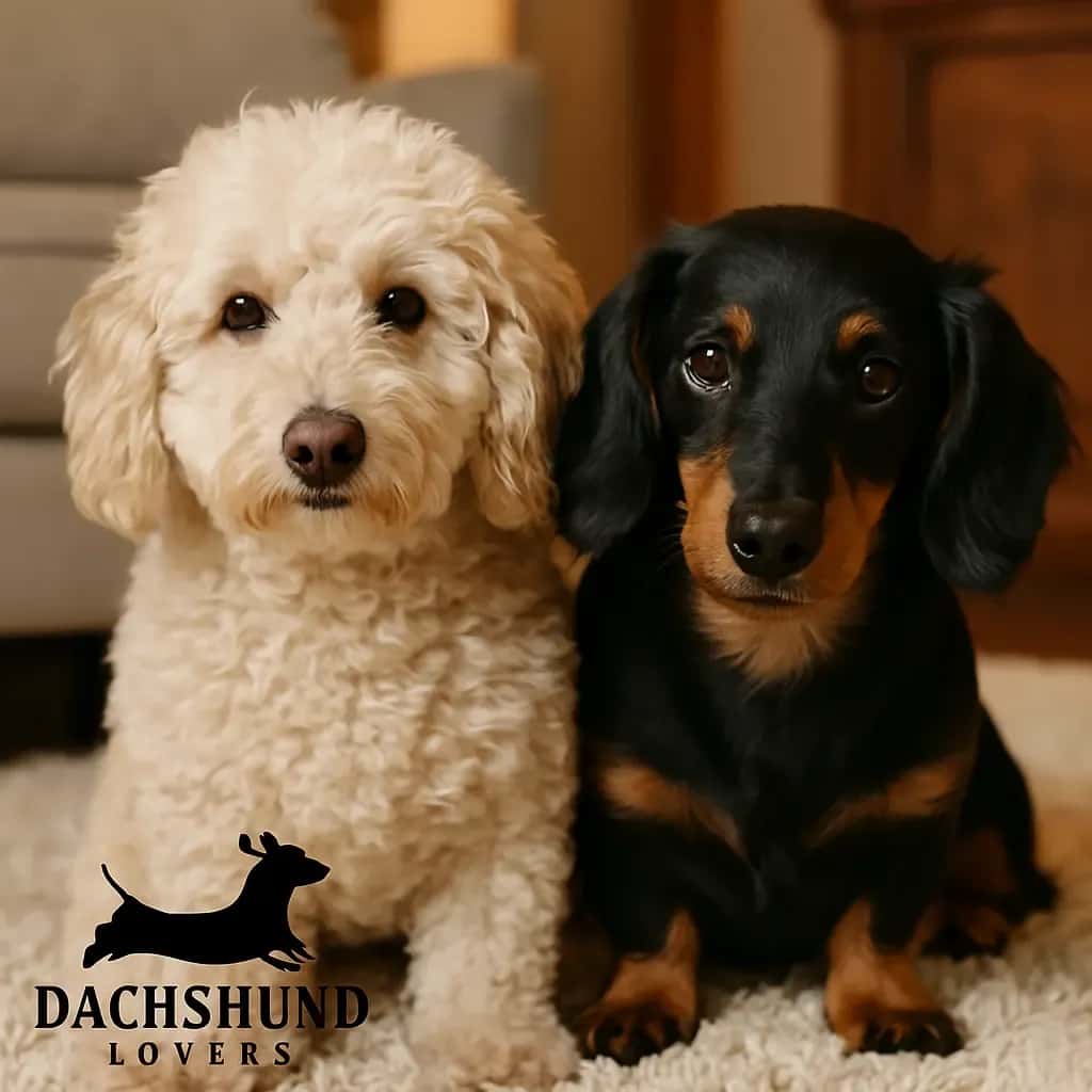 Two dogs side on a carpeted floor—one with curly cream-colored fur, the other with smooth black
