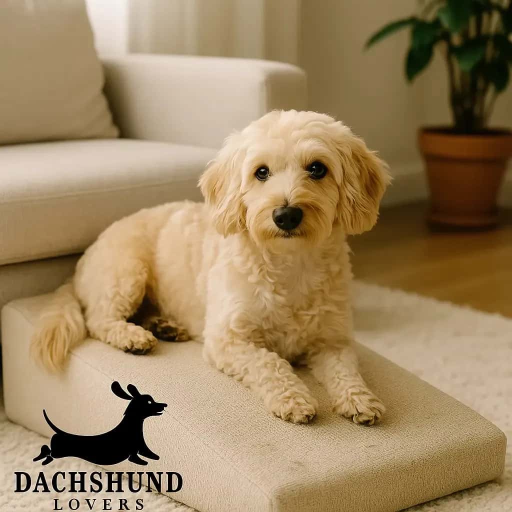 Fluffy light-colored dog resembling a poodle or labradoodle lying on a cushion in a indoor space