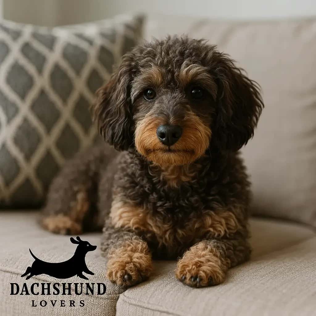 Curly-haired dachshund with a dark brown and tan coat sitting on a beige couch