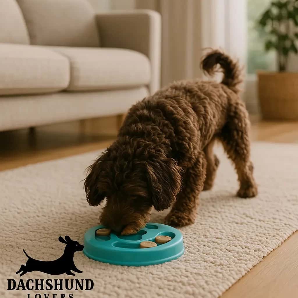 Curly-haired dog, likely a poodle mix, interacting with a puzzle feeder on carpet in a living room