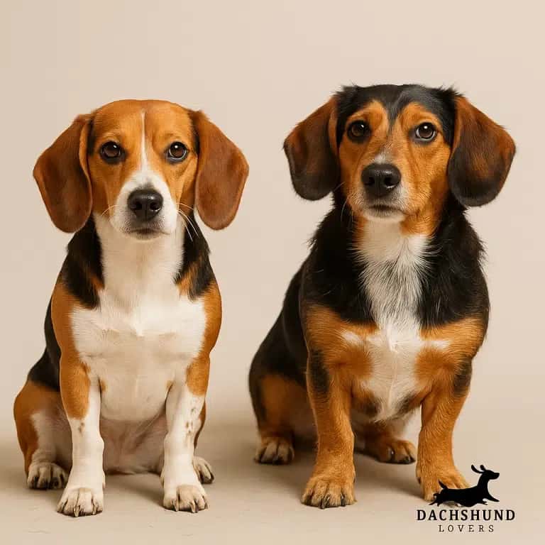 wo Doxles (Beagle-Dachshund mixes) showing different coat types and shedding patterns