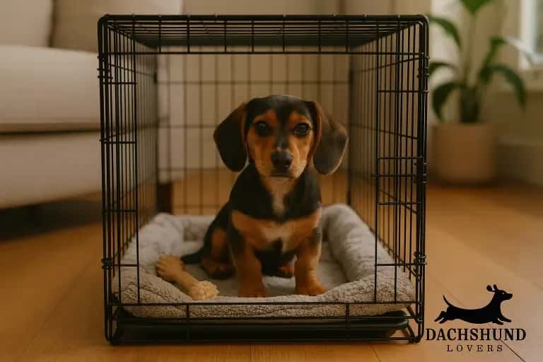 A Doxle puppy sitting calmly inside a cozy crate with a blanket and toy during crate training.