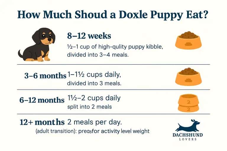 Infographic Portion sizes and feeding frequency for Doxle puppies from 8 weeks to adulthood,