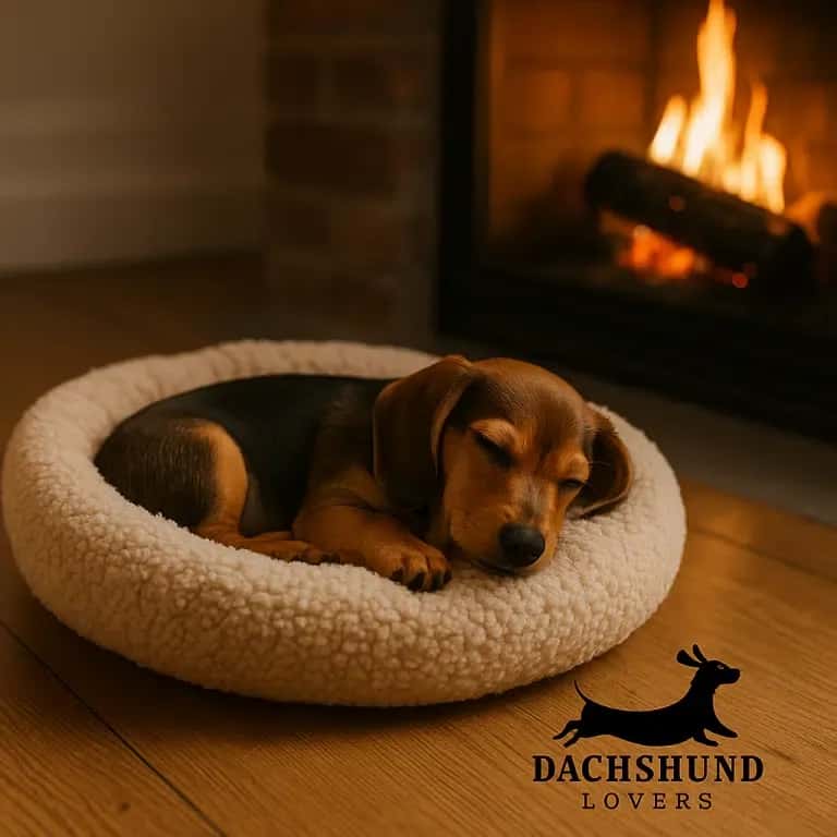 A Doxle puppy sleeping in its bed beside a cozy fireplace inside a London flat.