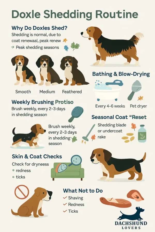 Infographic Doxle (Beagle Dachshund Mix) shedding care routine, including brushing