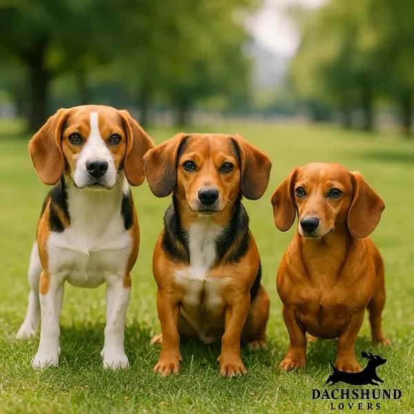 Comparison of a Beagle, a Beagle-Dachshund mix (Doxle), and a Dachshund standing on grass