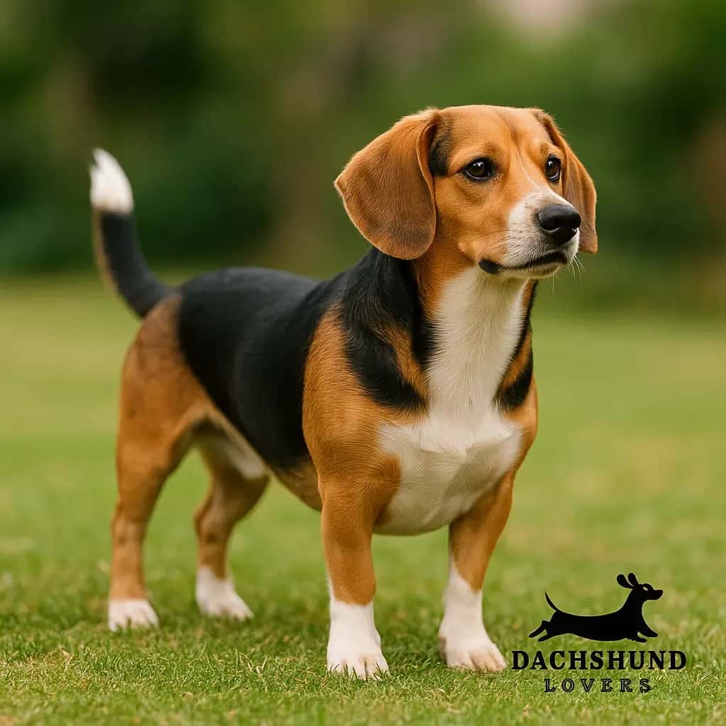 Full-grown Beagle Dachshund mix standing alert on green grass with tricolor coat and floppy ears.