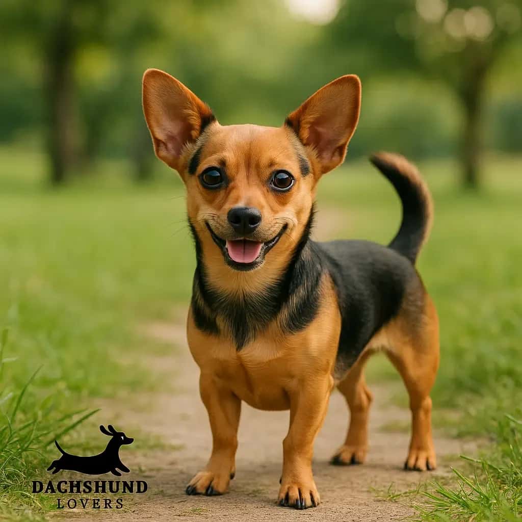 Full-grown Chiweenie standing on a park path – compact Dachshund Chihuahua mix