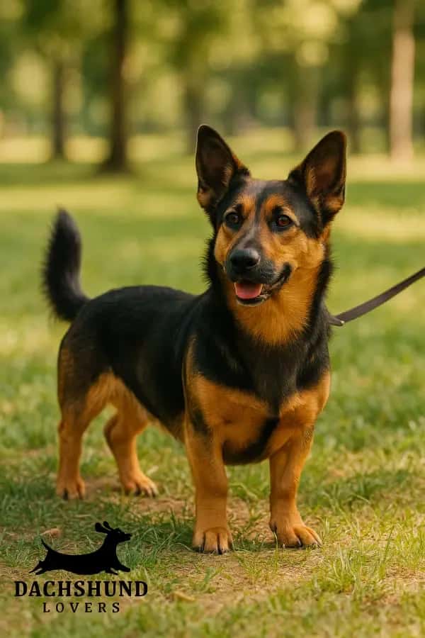 A full-grown German Shepherd Dachshund mix standing in a grassy park with short legs