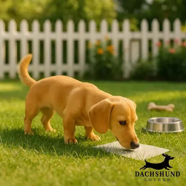 A curious dachshund puppy sniffs the grass in a sunlit yard. A silver bowl and bone lie nearby