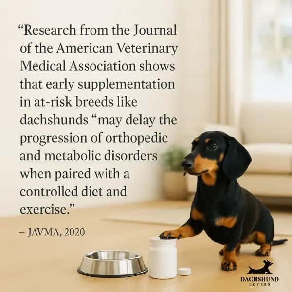 black and tan dachshund with one paw on a supplement container next to a stainless-steel food bowl