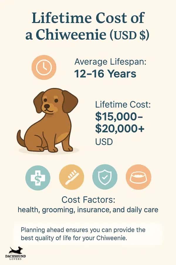 Infographic Lifetime Cost of a Chiweenie showing an illustration of a small brown dog. Average lifespan