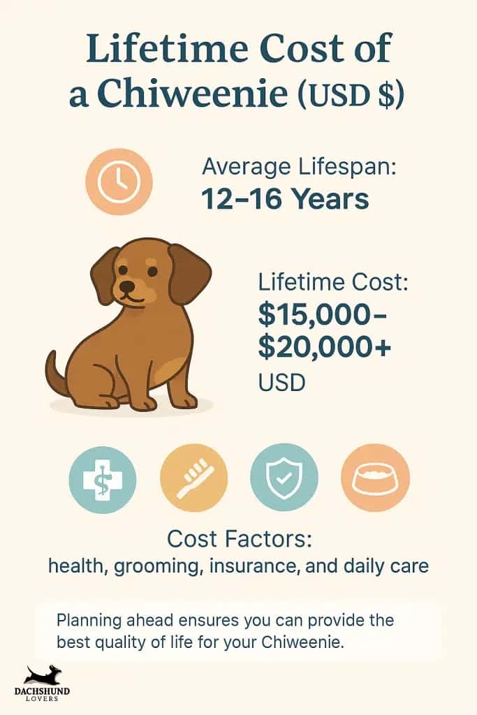 Chiweenie lifetime cost (12-16 yrs): $15k-$20k+. Includes health, groom, insurance.