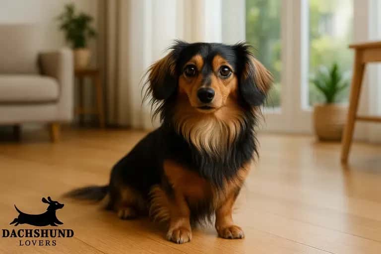 Long-haired Chiweenie sitting in a bright, modern Canberra living room with natural light