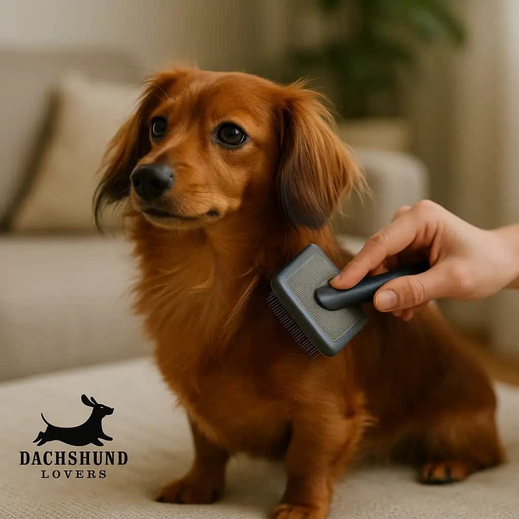 Long-haired Chiweenie being gently brushed with a slicker brush indoors, showing coat care