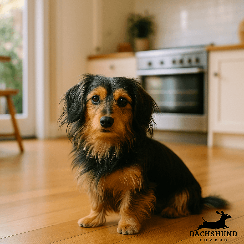 Long-haired dachshund sitting on a wooden kitchen floor, looking at the camera.