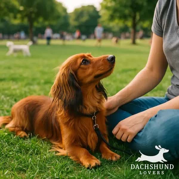 A long-haired reddish-brown Dachshund lying down on the grass in a busy dog park
