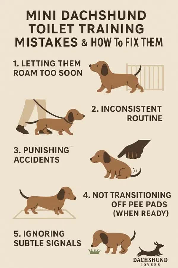 Infographic 'Mini Dachshund Toilet Training Mistakes & How to Fix Them. show five mistakes