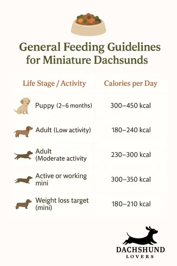 Feeding guidelines chart for miniature dachshunds, detailing daily calories by life stage: puppy