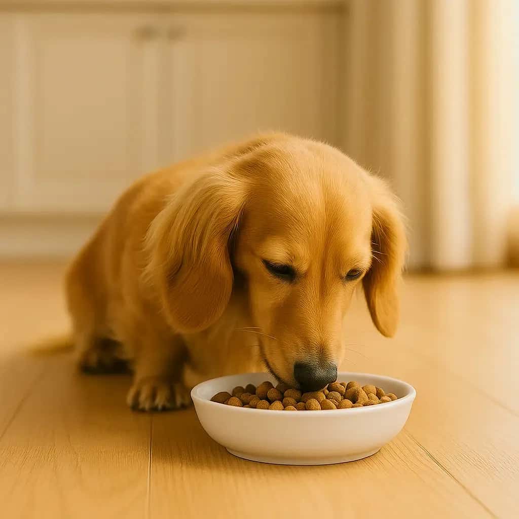 Miniature golden dachshund eating from a white bowl for food calculator tool