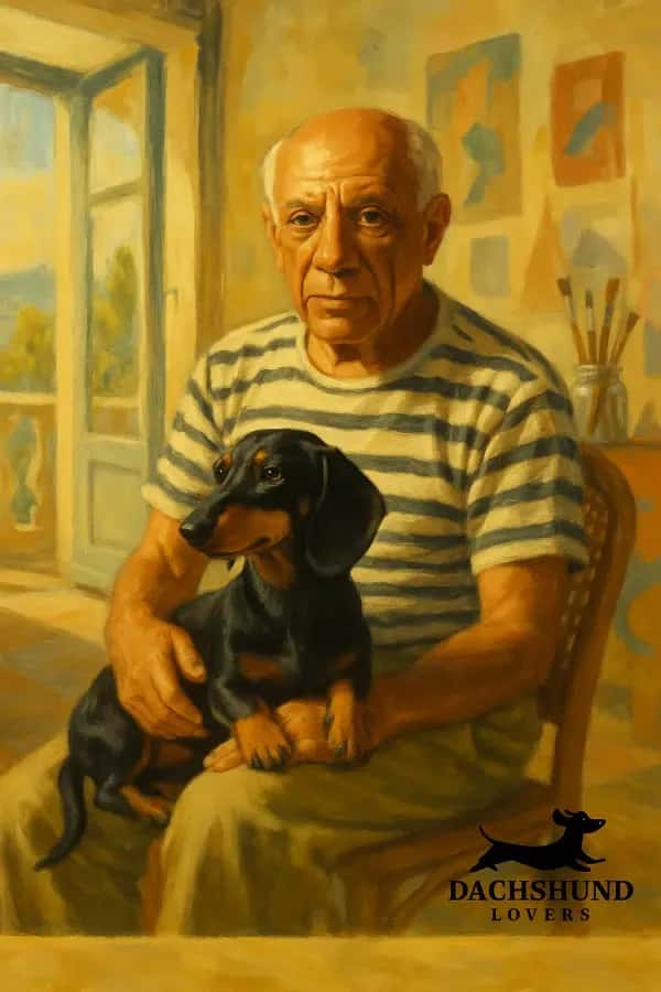 Pablo Picasso sitting with his beloved dachshund Lump, painted in a impressionistic style