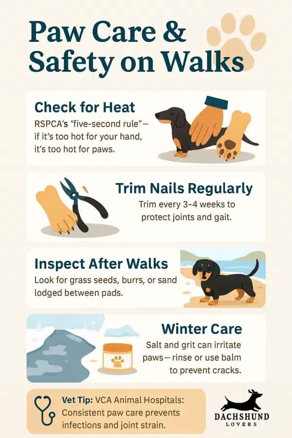 Paw care and safety tips for dachshunds on walks – checking heat, trimming nails, inspecting paws after walks, and winter paw care – Dachshund Lovers infographic