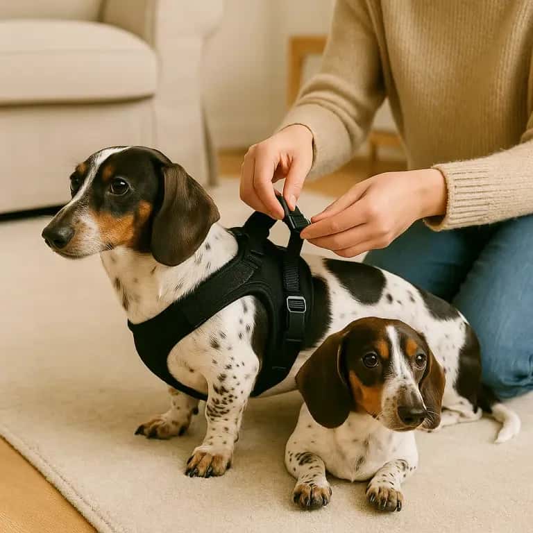 Person putting a black harness on a piebald dachshund in a softly lit living room