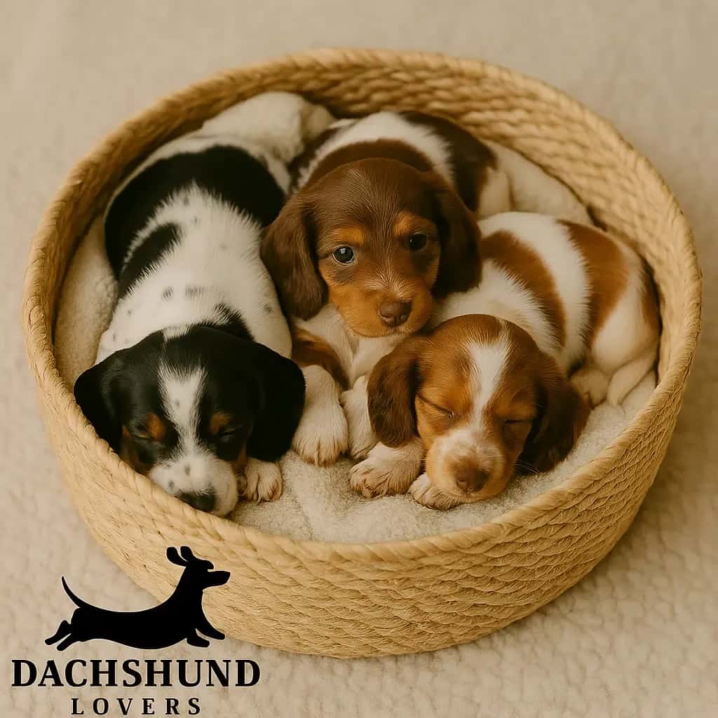 Three piebald dachshund puppies resting in a woven basket, showing coat variations of black
