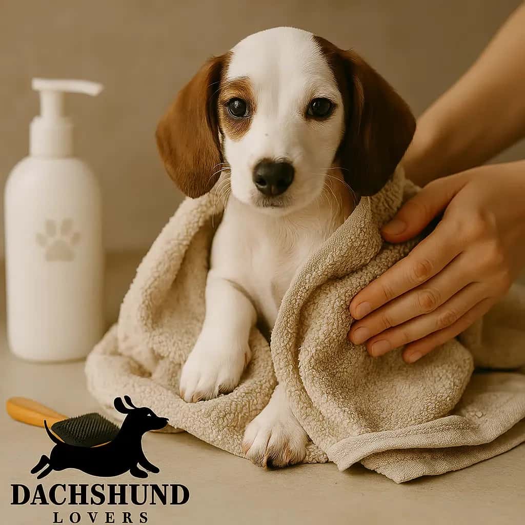 Piebald dachshund puppy wrapped in a towel after a bath, with grooming items nearby.