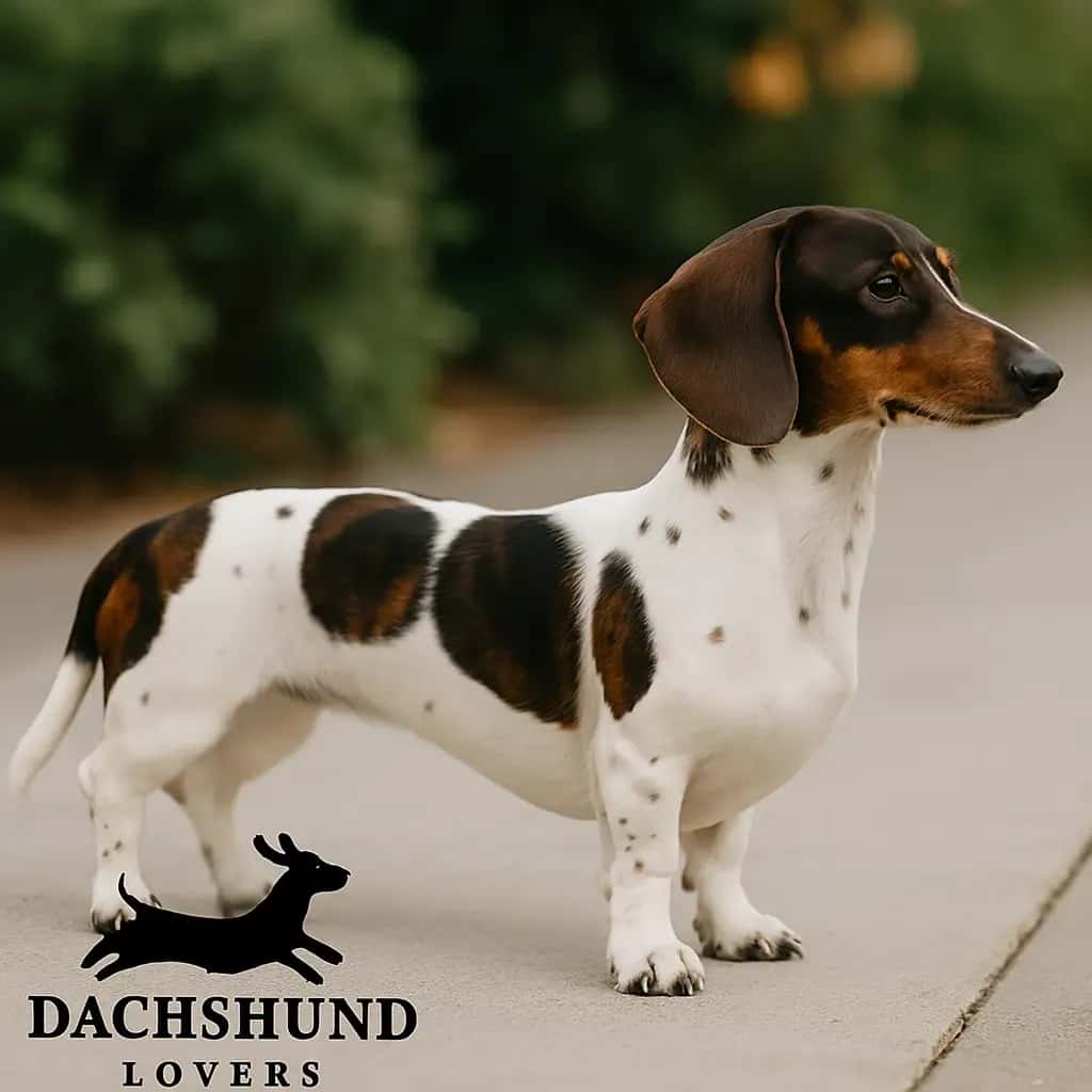 Smooth-coated piebald dachshund with black and brown patches standing on concrete.