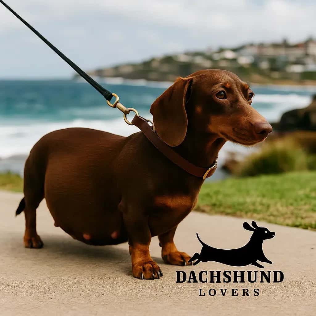 Pregnant chocolate dachshund walking along the Bondi to Bronte coastal path