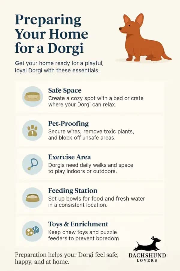Infographic Preparing Your Home for a Dorgi.' It includes a cute Dorgi with a list of essentials