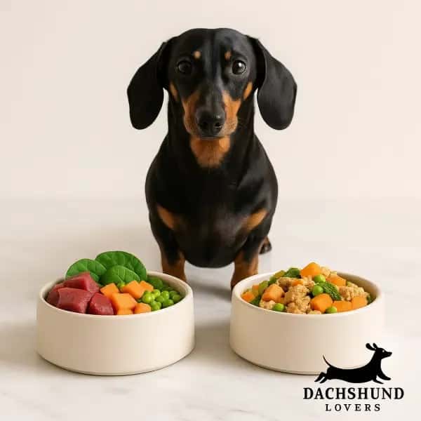 Black and tan miniature dachshund standing between two bowls of food, one with raw meat 
