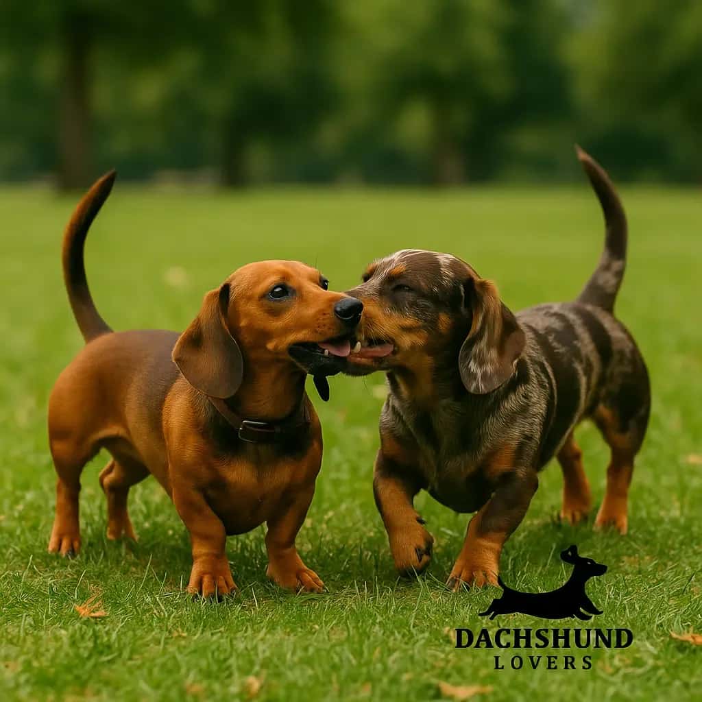 Red and chocolate dapple dachshunds playing together in Hyde Park, with Dachshund Lovers logo.