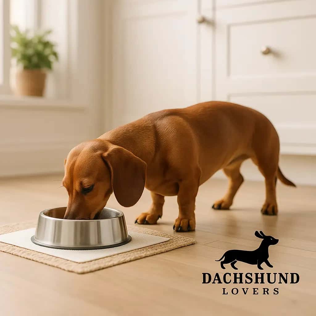 A brown dachshund eats from a silver bowl on a wooden floor in a bright kitchen. 