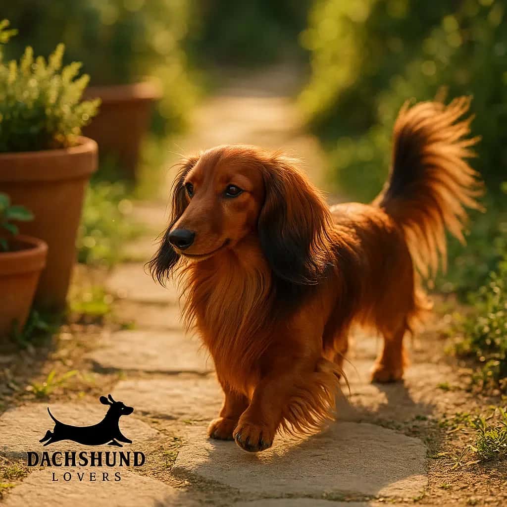 Red sable long-haired dachshund walking along a stone garden path in warm sunlight.