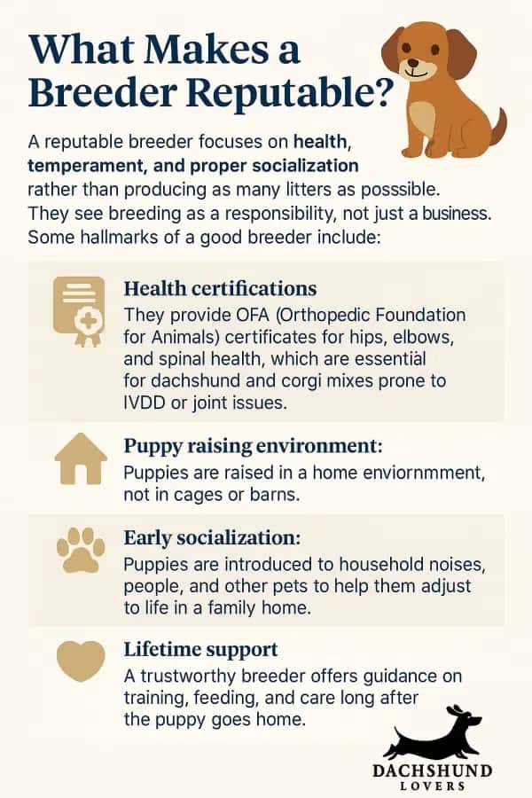 Infographic What Makes a Breeder Reputable for Dorgis,  key traits of responsible breeders 