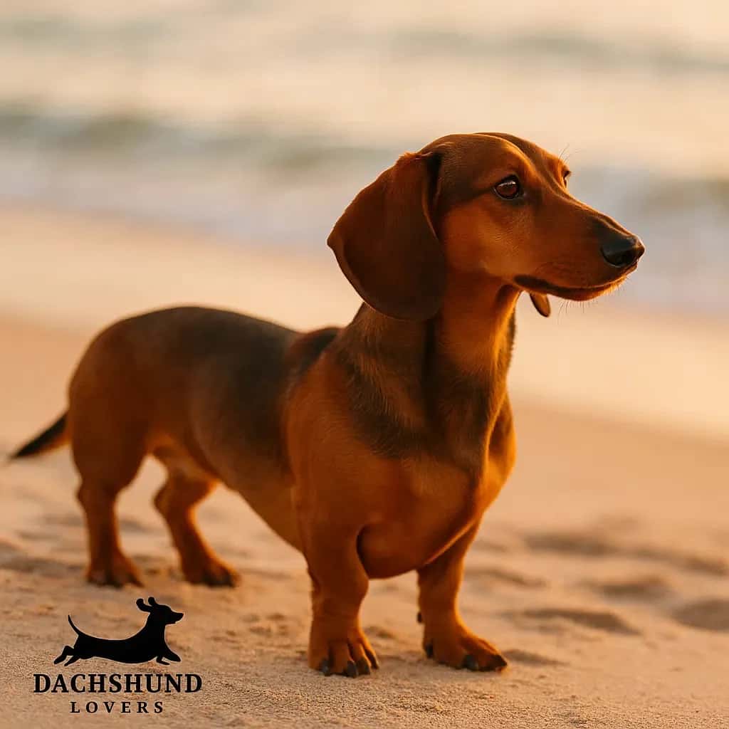 Sable dachshund standing on the beach at sunset with warm golden light.